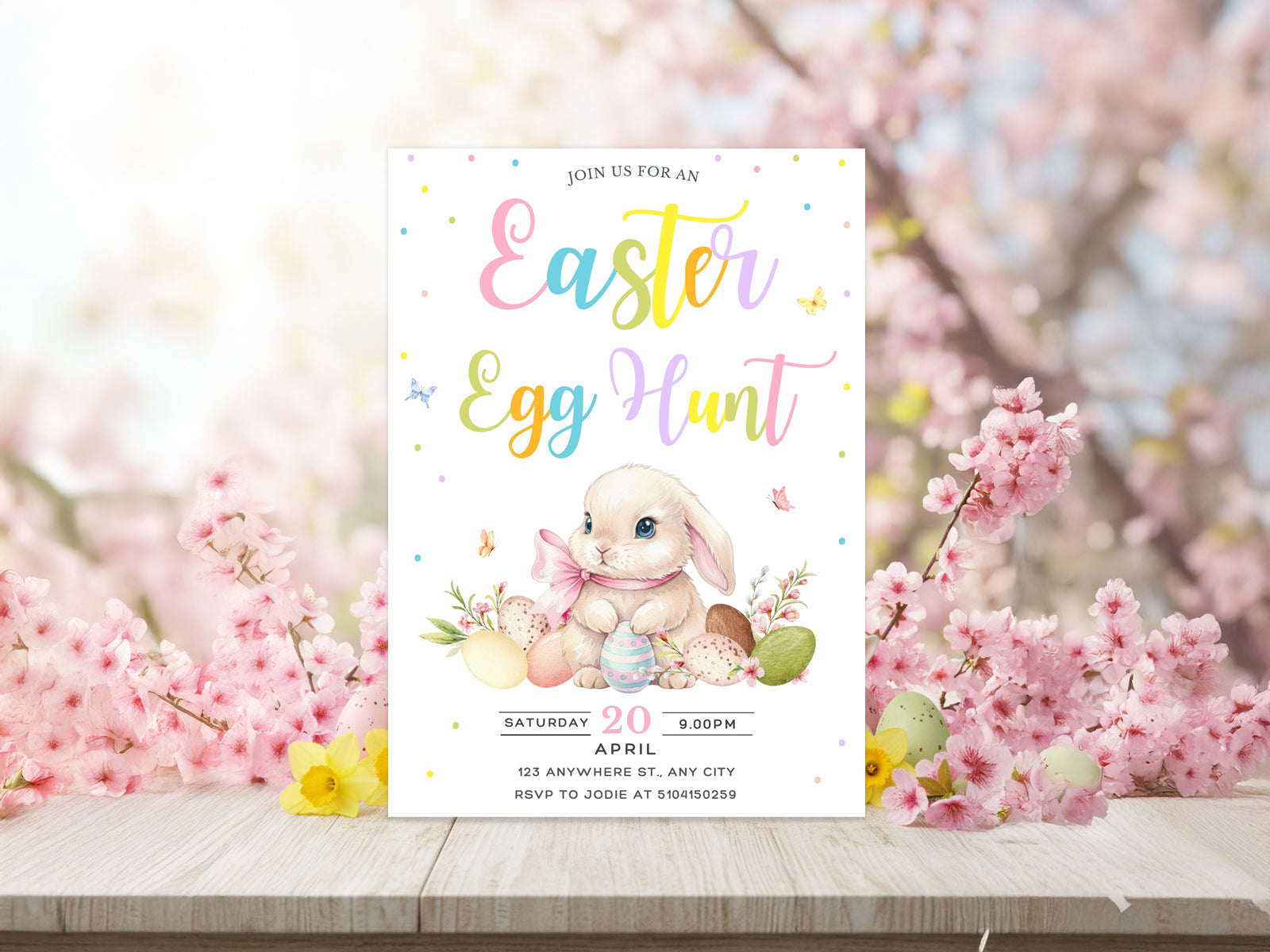  Pastel Easter Egg Hunt invitation with a watercolor bunny, colorful eggs, and confetti on a light background.