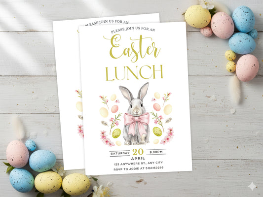 Watercolor Easter Lunch invitation featuring a sweet bunny with a large pink bow and muted yellow elegant lettering.