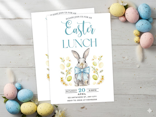 Watercolor Easter Lunch invitation template featuring a cute bunny with a blue bowtie and elegant muted yellow typography.
