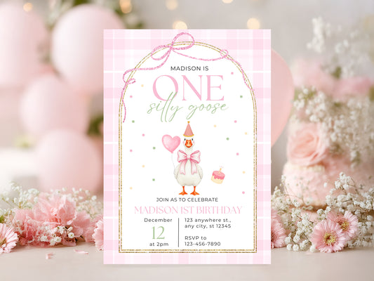 Silly Goose Birthday Invitation – Editable Canva Template | Pink Girls 1st Birthday Invite