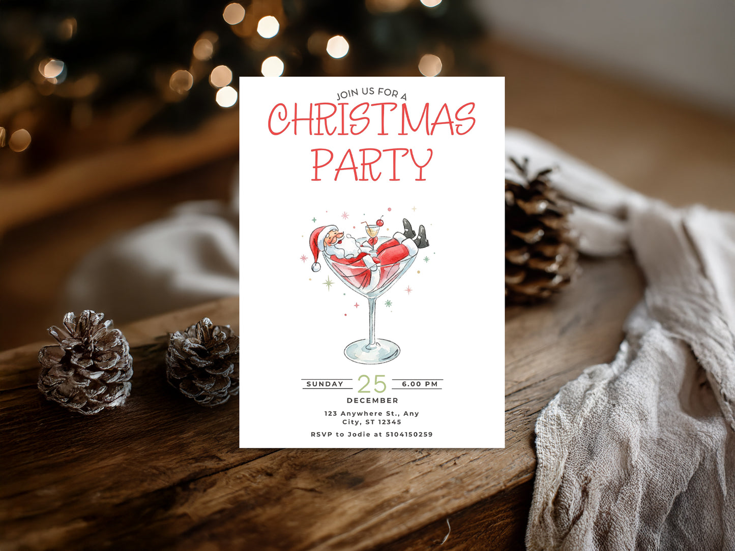 Editable Christmas Party Invitation – Santa in a Cocktail Glass