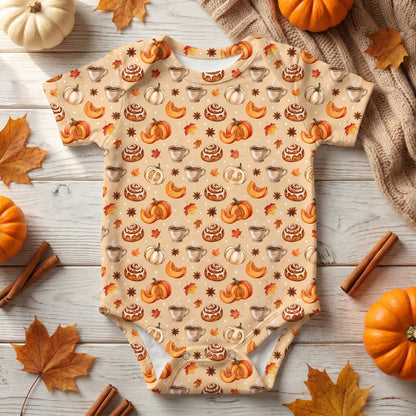 Cozy fall cafe seamless pattern design featuring pumpkin spice latte cups, cinnamon rolls, and autumn leaves on a warm light background.