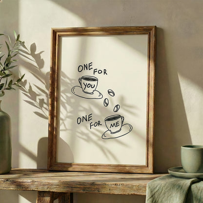 Aesthetic coffee bar decor idea, framed hand drawn coffee art print in a modern neutral kitchen setting
