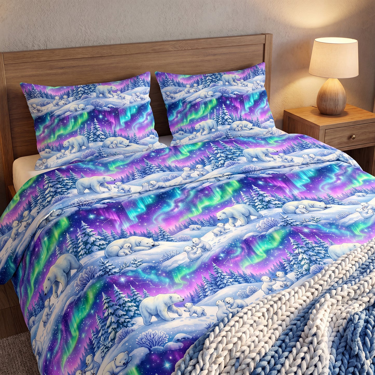 A cozy bedroom featuring a wooden bed dressed in vibrant bedding. The duvet cover and pillows showcase a magical winter scene with polar bears, snowy pine trees, and a glowing purple, blue, and green Northern Lights sky. A chunky knit blanket rests at the foot of the bed.