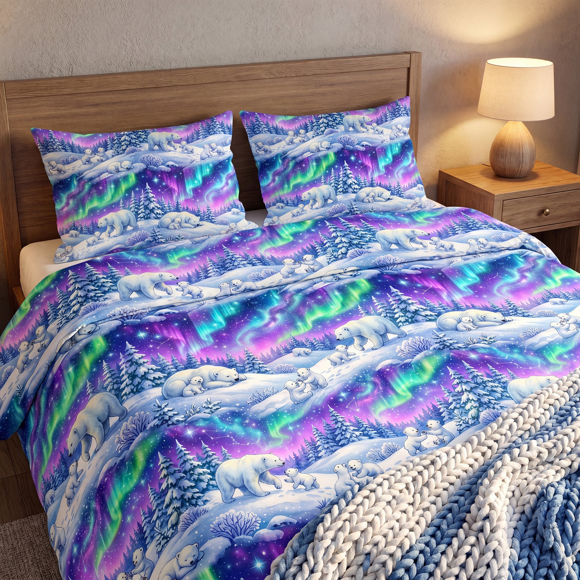 A cozy bedroom featuring a wooden bed dressed in vibrant bedding. The duvet cover and pillows showcase a magical winter scene with polar bears, snowy pine trees, and a glowing purple, blue, and green Northern Lights sky. A chunky knit blanket rests at the foot of the bed.
