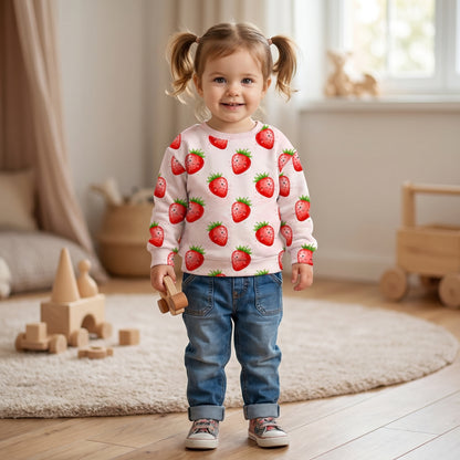 Mockup of a little girl wearing a sweater printed with a cute kawaii strawberry pattern.