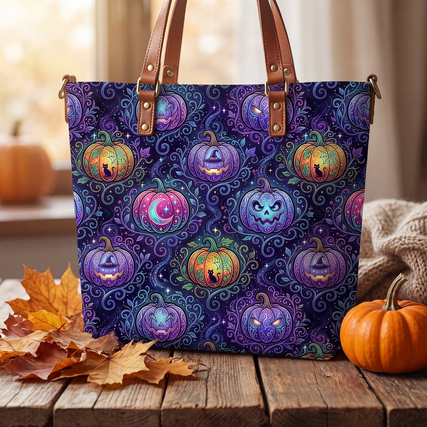 A stylish tote bag featuring a magical purple and neon Halloween pattern of glowing jack-o'-lanterns and swirls. The bag is resting on a rustic wooden table, surrounded by scattered dry autumn leaves and a real small orange pumpkin near a window.