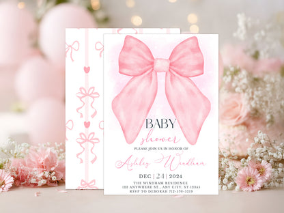Pink Coquette Bow Baby Shower Invitation Template | Editable Canva Mobile Invite | Watercolor Girl Baby Shower | Instant Download 5x7"