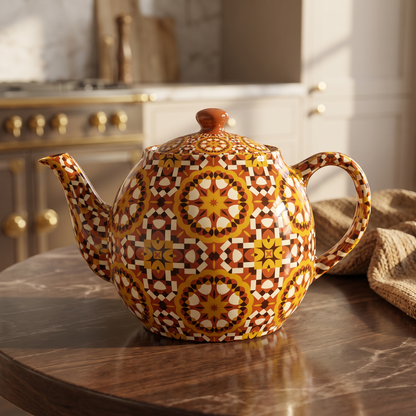 Terracotta and gold geometric Art Deco pattern on decorative ceramics