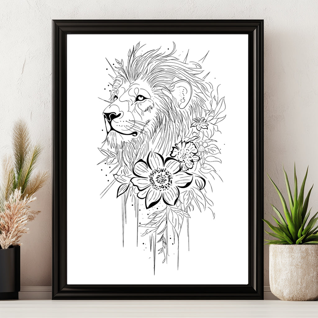 Close-up of intricate lion mane and flower sketch illustration.