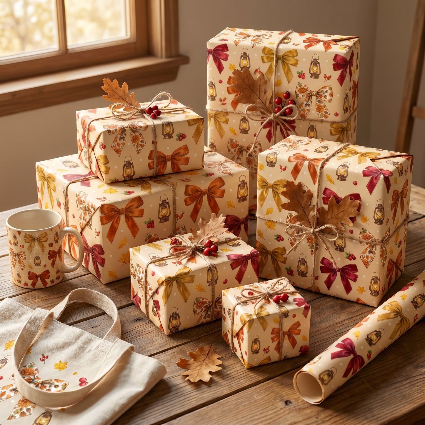 Autumn bow digital paper used as cozy wrapping paper for multiple Thanksgiving gift boxes.