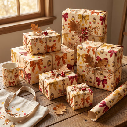 Autumn bow digital paper used as cozy wrapping paper for multiple Thanksgiving gift boxes.