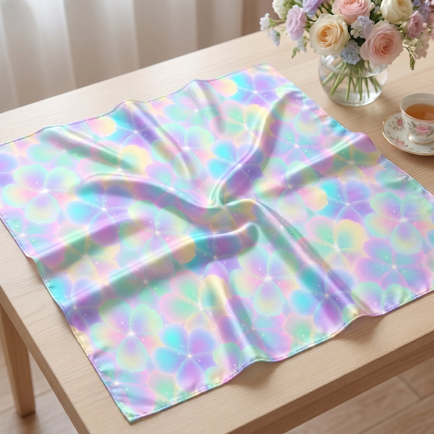 Mockup of a fabric square displaying a pastel holographic floral seamless pattern.