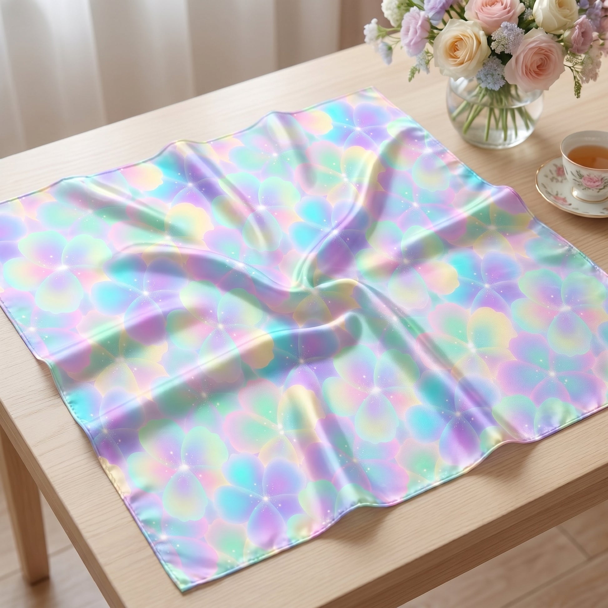 Mockup of a fabric square displaying a pastel holographic floral seamless pattern.