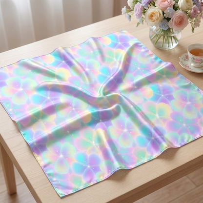 Mockup of a fabric square displaying a pastel holographic floral seamless pattern.