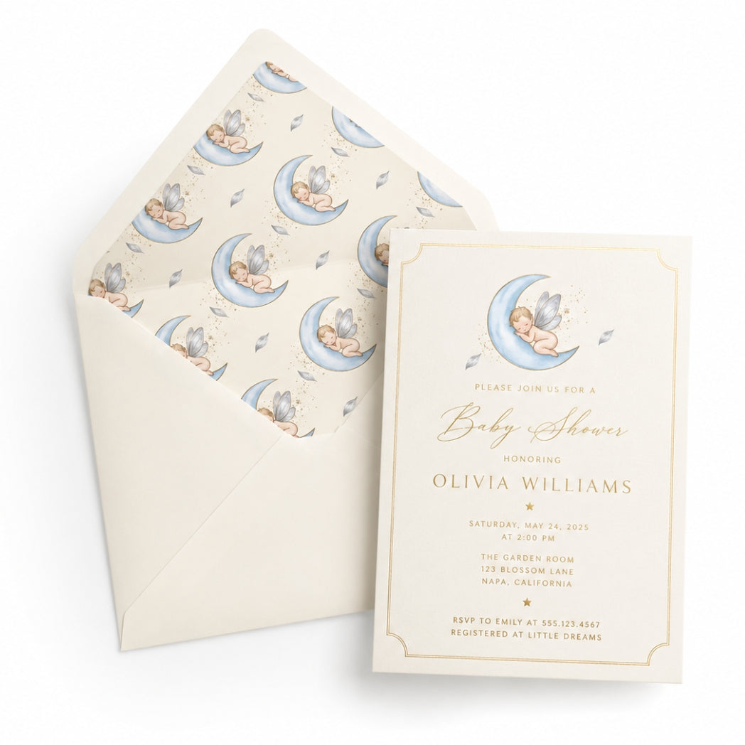 Nursery baby shower invitation and packaging mockup with watercolor moon and stars pattern.