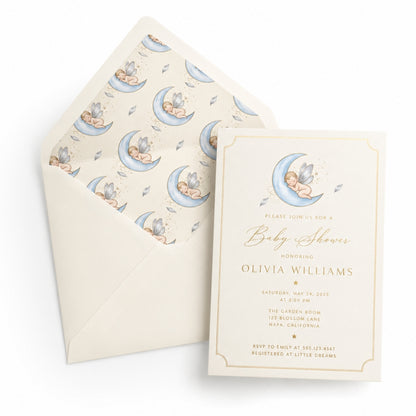 Nursery baby shower invitation and packaging mockup with watercolor moon and stars pattern.