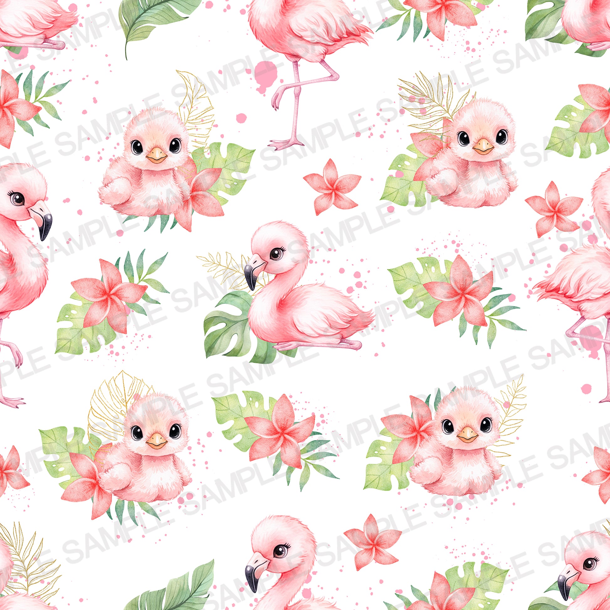 Pink watercolor flamingo and tropical flowers seamless pattern