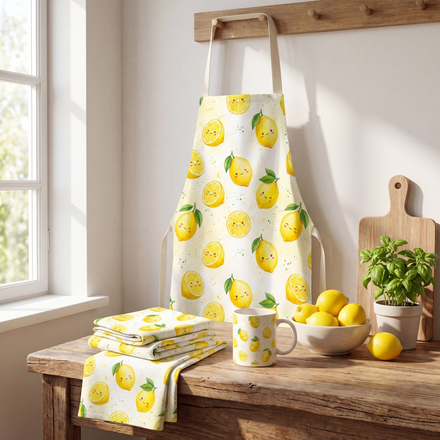 Kitchen mockup featuring an apron and tea towels printed with an adorable kawaii lemon seamless pattern.