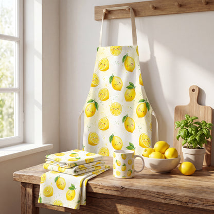 Kitchen mockup featuring an apron and tea towels printed with an adorable kawaii lemon seamless pattern.