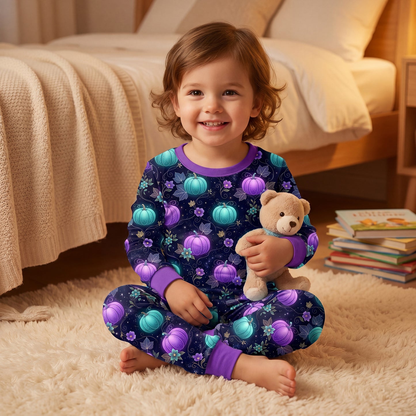 Toddler pajamas mockup showcasing a seamless surface pattern design of magical glowing neon pumpkins and stars.