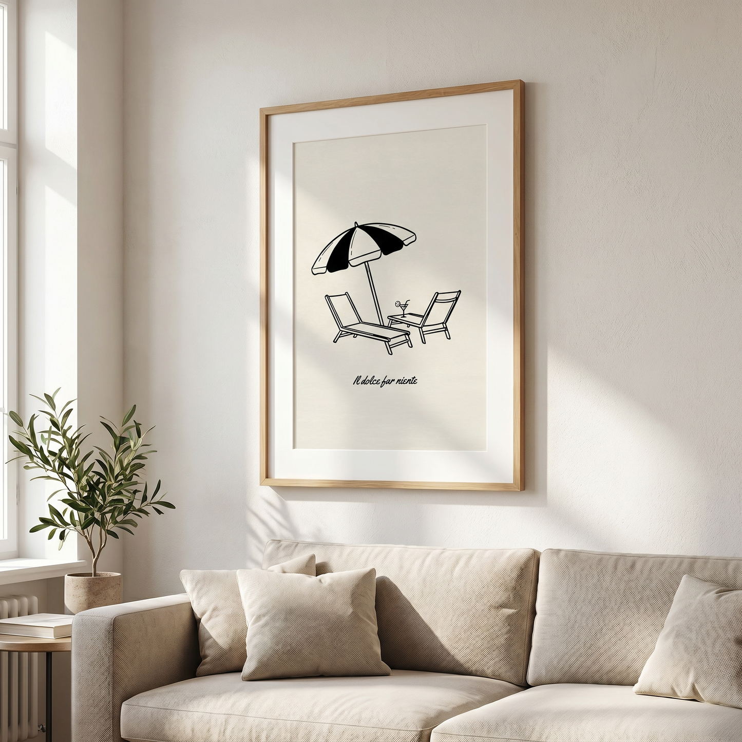 Il Dolce Far Niente Minimalist Line Art Print, Beach Chairs & Umbrella Poster, Italian Quote Printable Wall Art, Digital Download