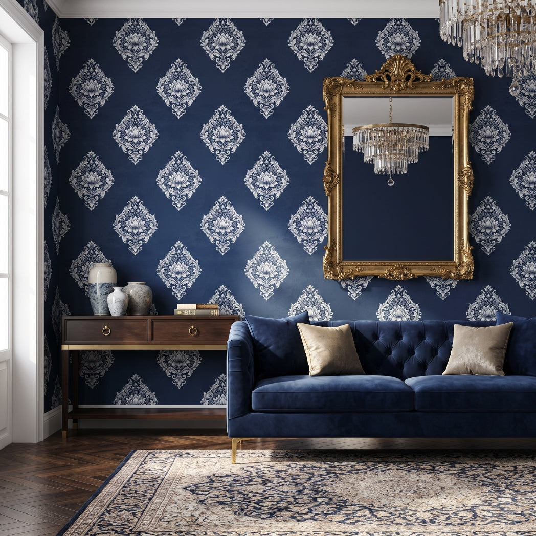 Navy blue luxury damask wallpaper in an elegant living room interior design.