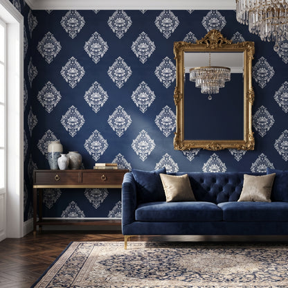 Navy blue luxury damask wallpaper in an elegant living room interior design.