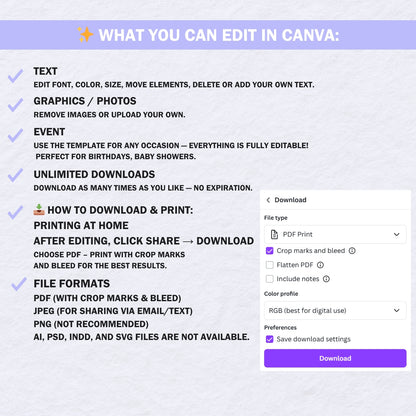 Guide showing editable text fields and features for the teddy bear baby shower invite in Canva.