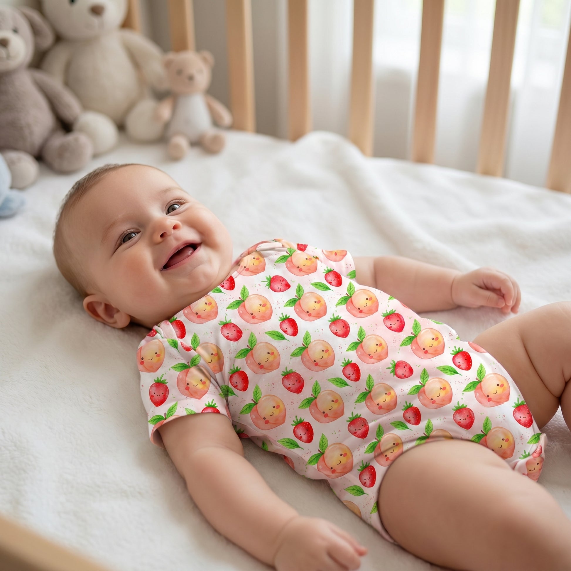 Mockup of a happy baby wearing a onesie printed with the cute kawaii peach and strawberry summer pattern.