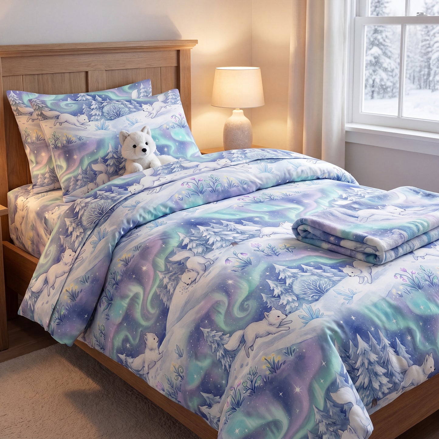 Bedroom mockup showcasing a duvet cover featuring a seamless pattern design of white foxes and the northern lights.