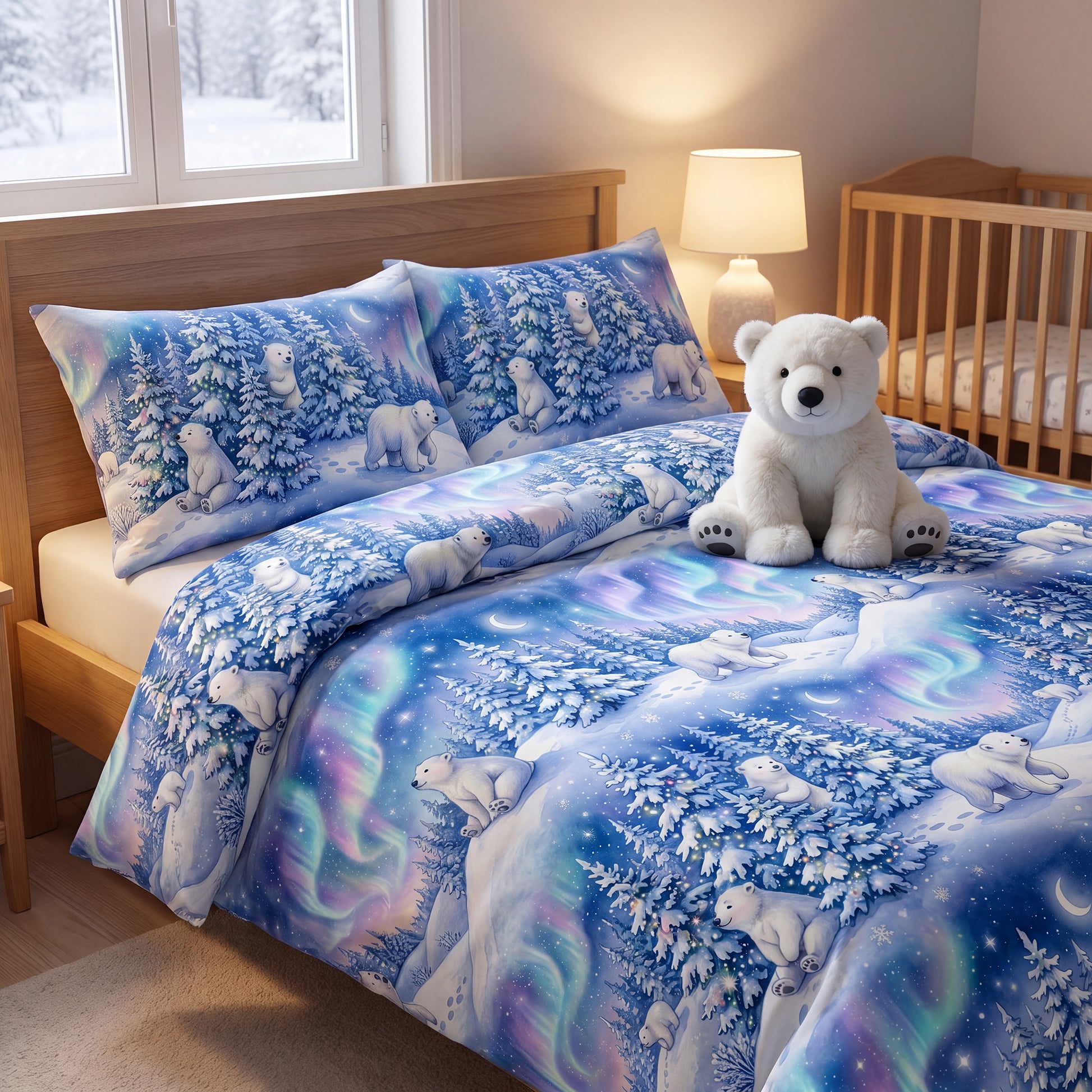 A cozy, warm child's bedroom featuring a wooden bed dressed in dreamy pastel winter bedding. The duvet cover and pillows showcase a pattern of cute polar bears and snowy trees against a soft pink and blue aurora sky. A fluffy white plush polar bear sits on the bed, with a wooden crib visible in the background.