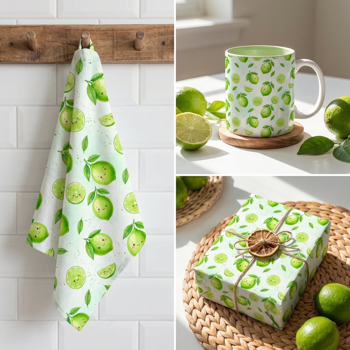 Kitchen mockup featuring a hanging tea towel, a mug, and a wrapped gift showcasing an adorable kawaii lime seamless pattern.