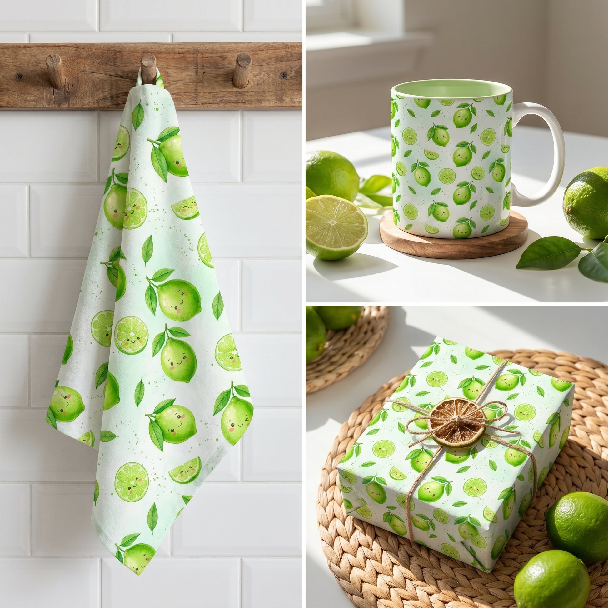 Kitchen mockup featuring a hanging tea towel, a mug, and a wrapped gift showcasing an adorable kawaii lime seamless pattern.
