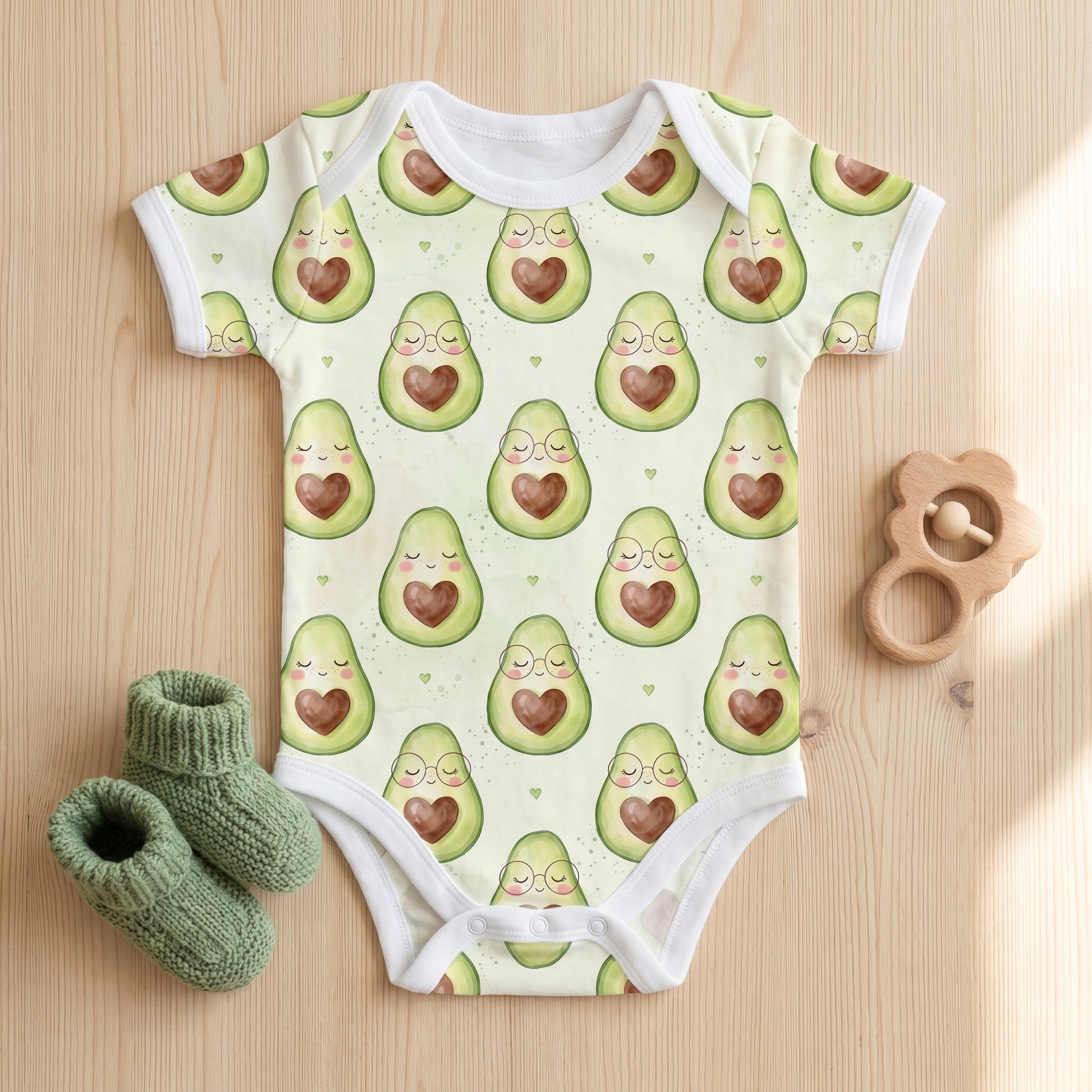 Baby onesie mockup featuring a cute watercolor avocado seamless pattern print.