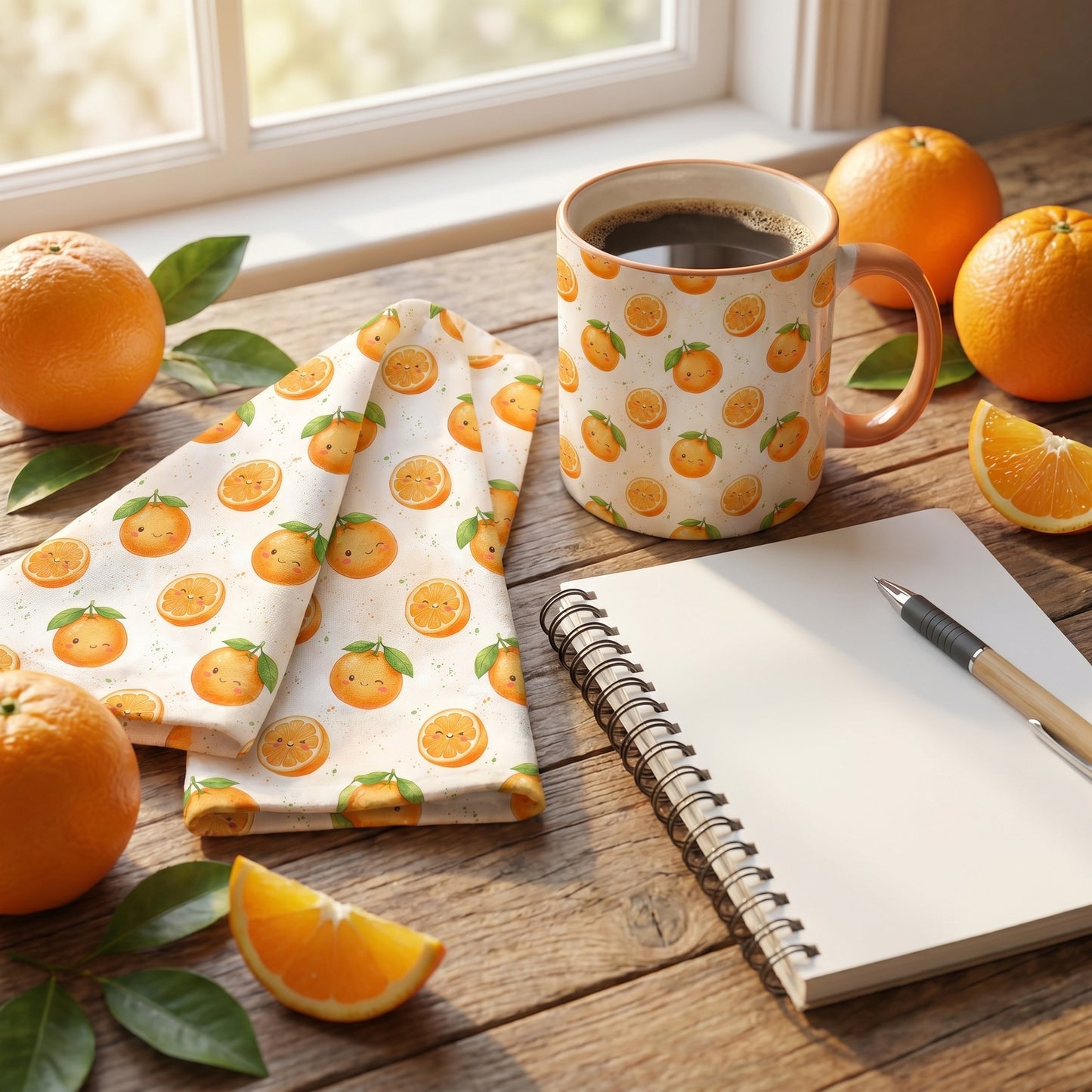 Mockup of a cozy morning desk setup with a mug, napkin, and notebook featuring a cute kawaii orange citrus pattern.