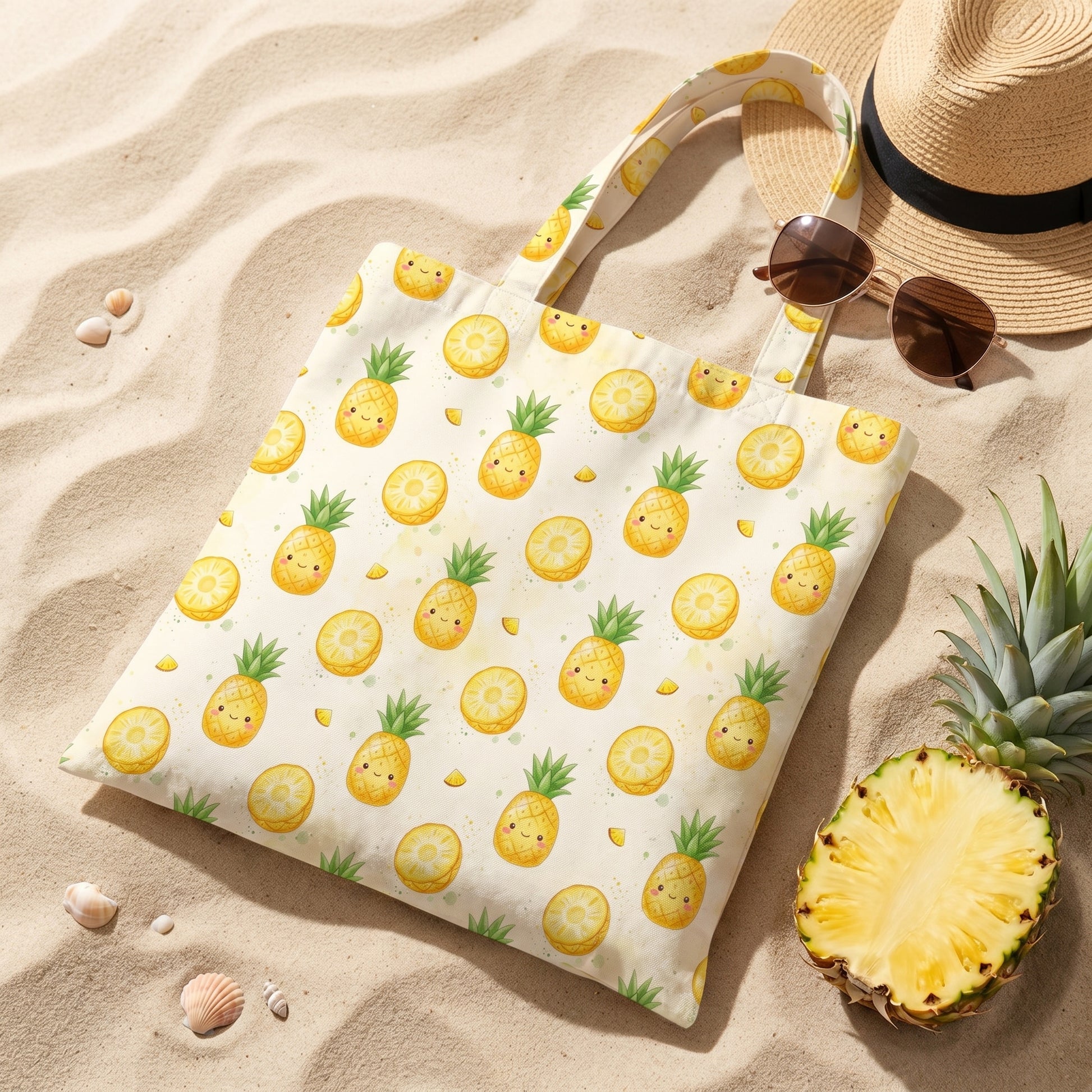 Canvas tote bag with cute watercolor pineapple pattern lying on a sandy beach.
