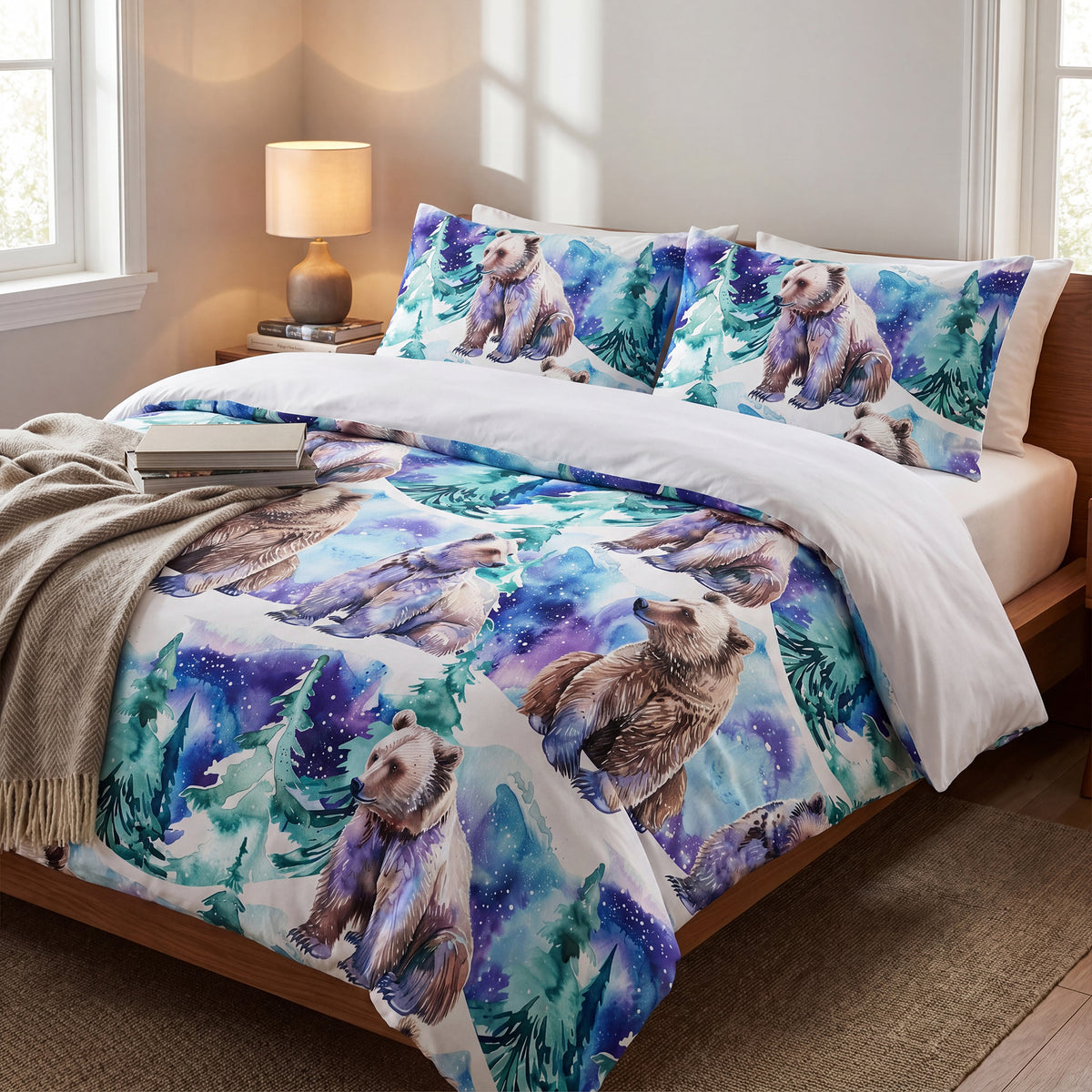 Cozy bed featuring a duvet cover and pillows with a watercolor winter bear and snowy pine tree seamless pattern.