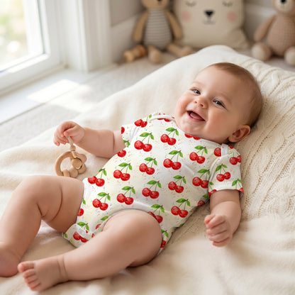 Mockup of a happy baby wearing a onesie bodysuit printed with a cute kawaii cherry seamless pattern.