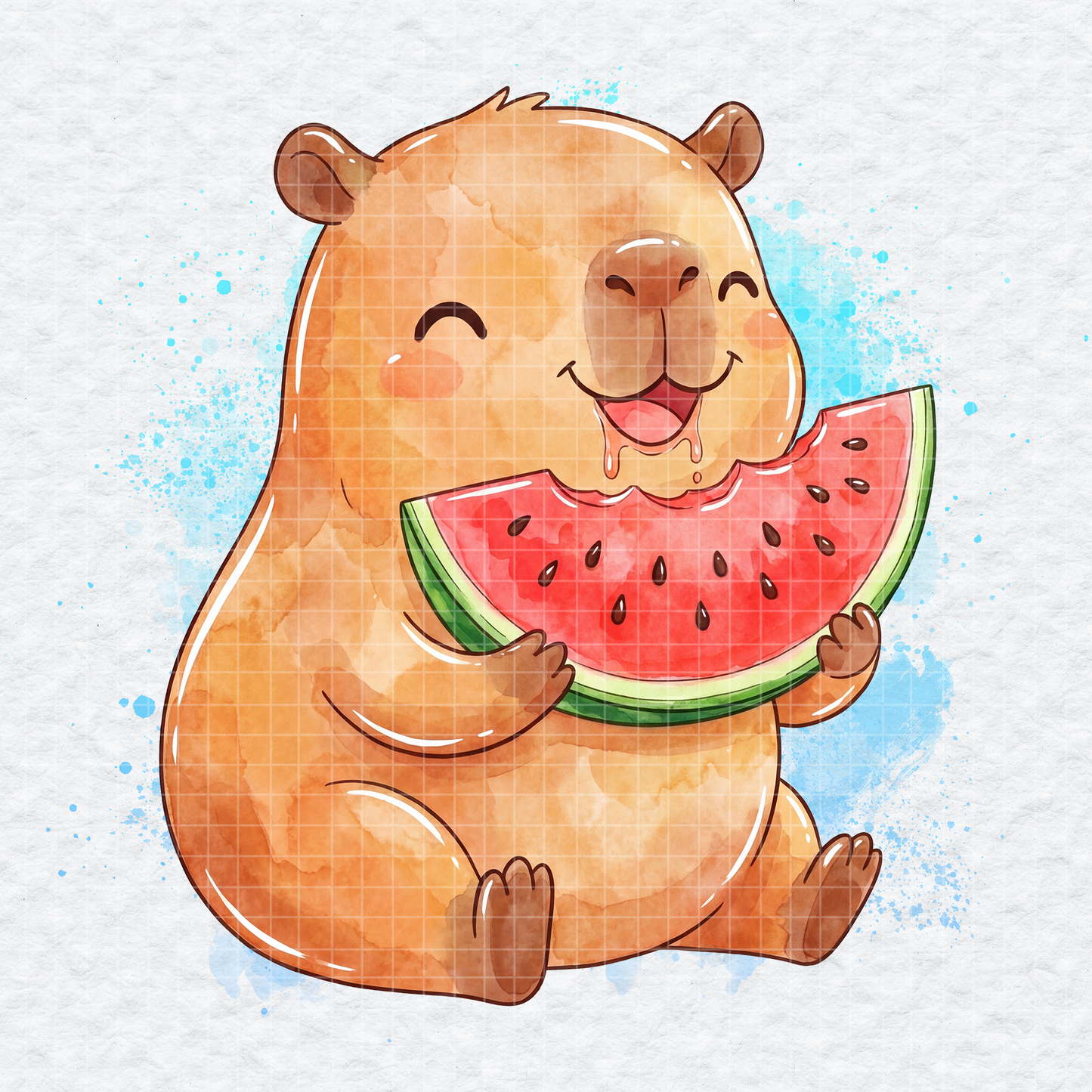 Watercolor illustration of a happy capybara eating a slice of watermelon.