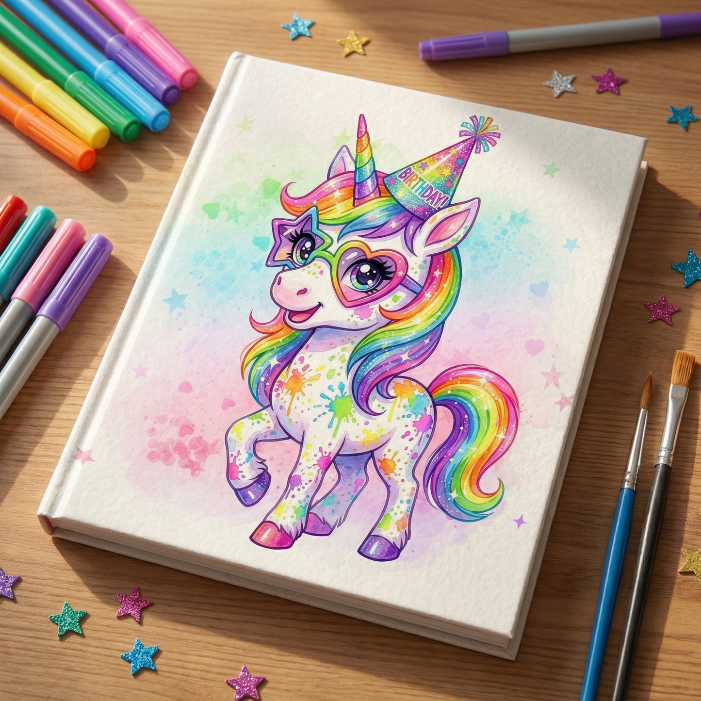 Colorful paint splatter unicorn clipart design on a notebook cover