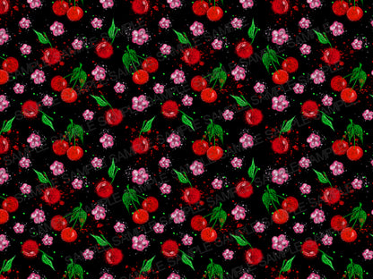 Dark Cherry & Pink Blossom Seamless Pattern - Digital Download