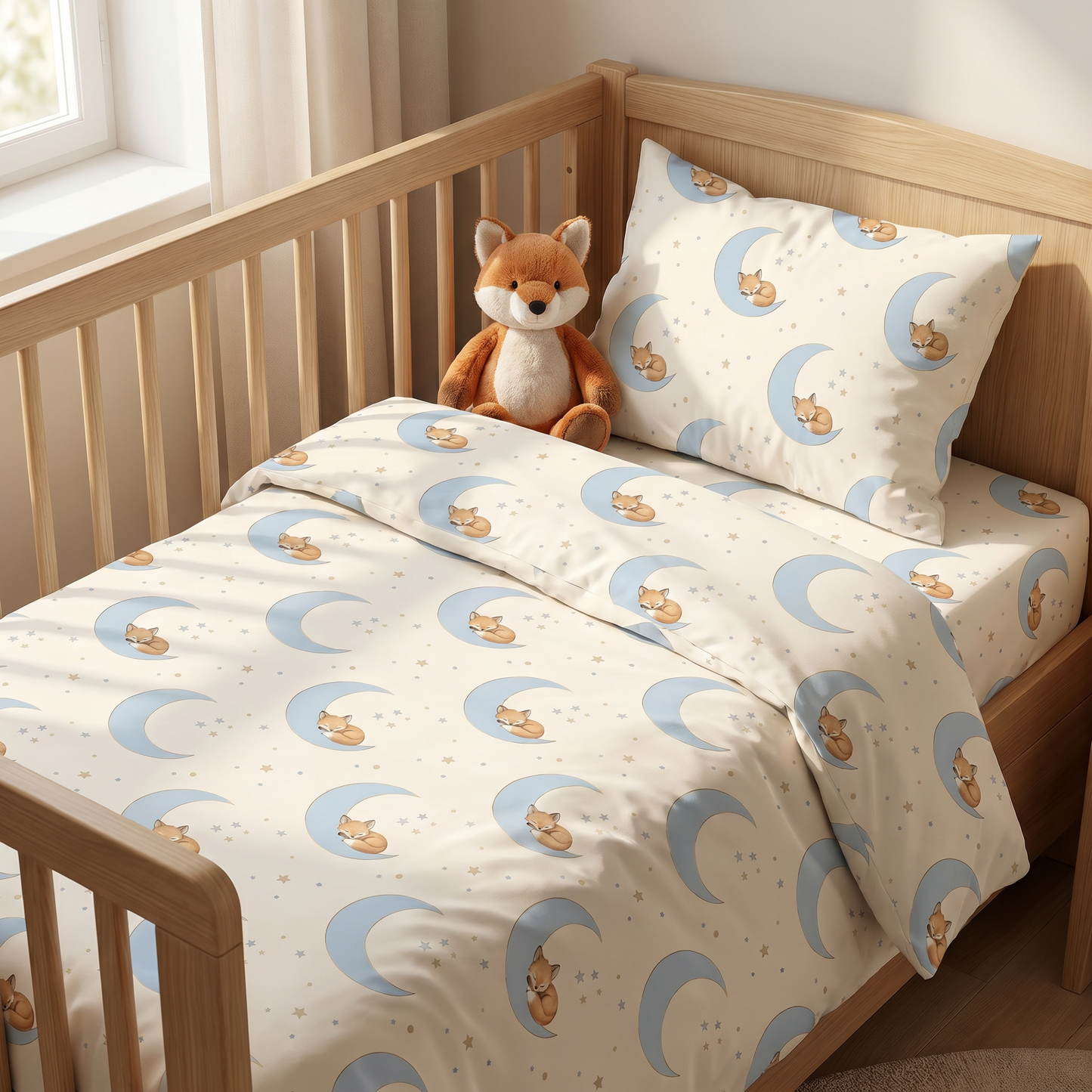 Baby nursery bedding featuring a cute watercolor sleeping fox and moon pattern.
