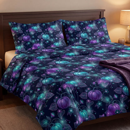 A dark wooden bed featuring a duvet cover and pillowcases decorated with a mystical seamless pattern of glowing neon purple and teal pumpkins, delicate vines, and magical sparkles in a cozy bedroom.