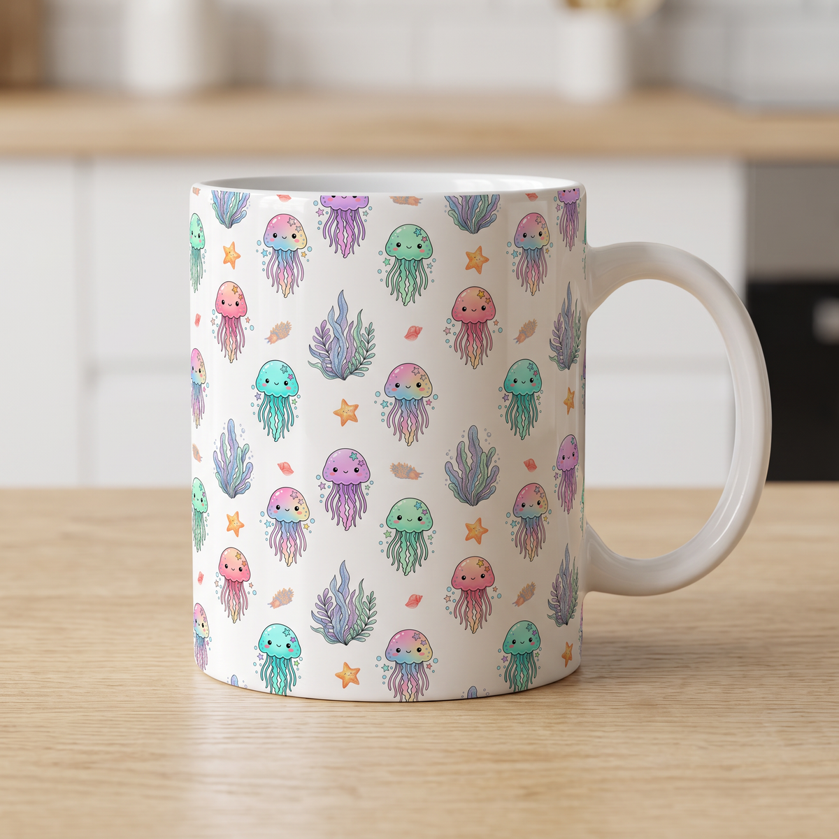 Coffee mug mockup with pastel underwater jellyfish design.