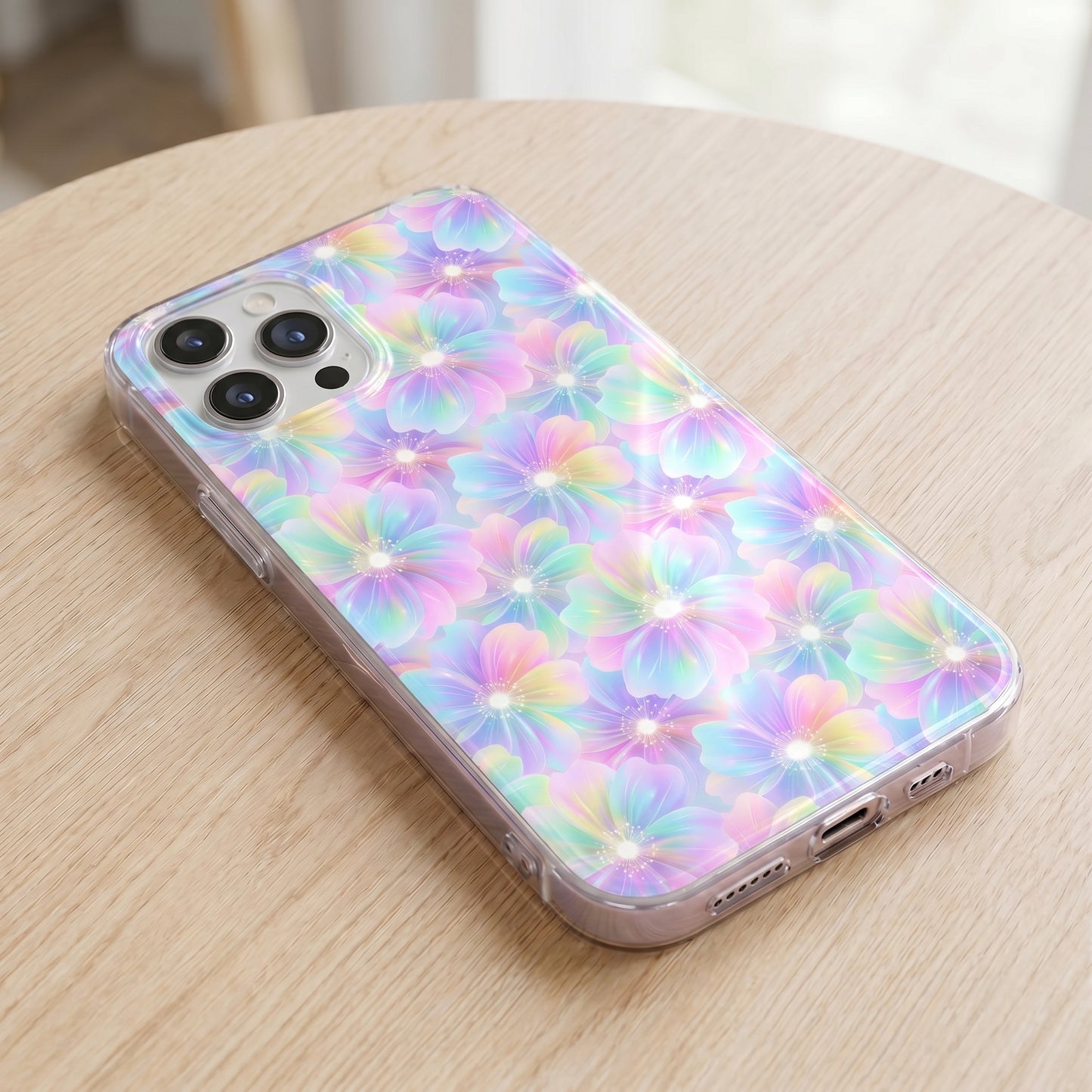 Mockup of a smartphone case decorated with a pastel holographic floral seamless pattern.