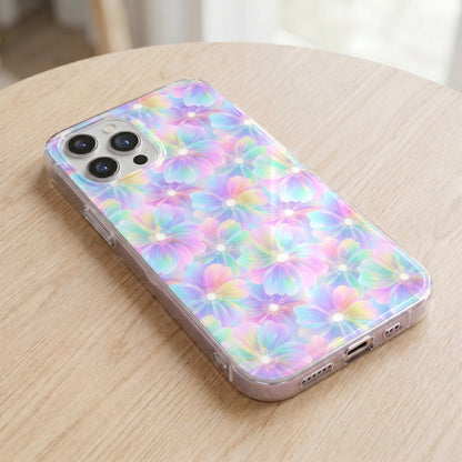 Mockup of a smartphone case decorated with a pastel holographic floral seamless pattern.