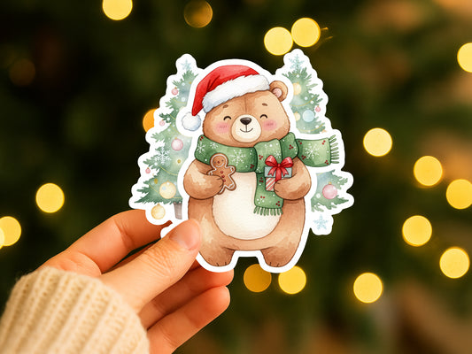 Watercolor Christmas Bear Sticker | Cute Holiday PNG | FineByStudio