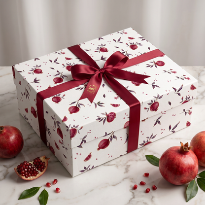 Gift box wrapped in botanical pomegranate patterned paper, tied with rustic string.