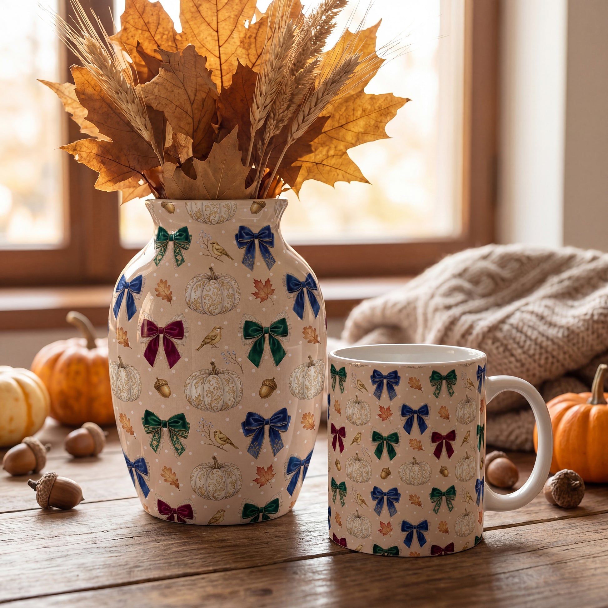 Cozy autumn mockup featuring a vase with dried flowers and a mug decorated with an elegant coquette bow and white pumpkin fall pattern.